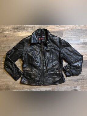 Guess Black Leather Zip-Up Jacket with Pocket Flaps size Medium M women’s vtg
